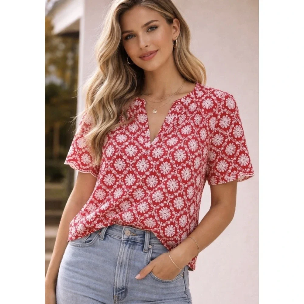 LOFT Floral Eyelet Lace Red Blouse Puff Sleeve Scallop Cottagecore Coquette XL